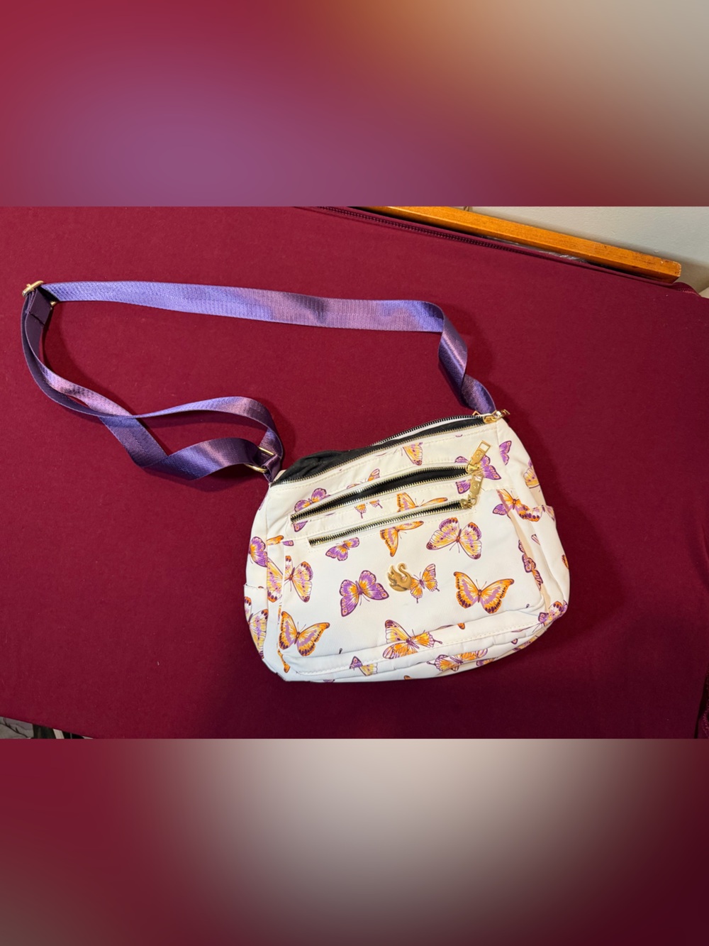 Butterfly Print Crossbody Bag - White with Purple & Orange